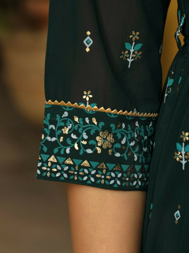 Juniper Green Ethnic Motif Printed Georgette Maxi Dress & Dori With Thread Work - Distacart