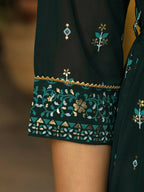 Juniper Green Ethnic Motif Printed Georgette Maxi Dress & Dori With Thread Work - Distacart