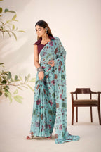 Vastranavya Sea Green Lurex Brasso Floral Printed Saree with Unstitched Blouse - Distacart