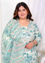 Miravan Women's Plus Size Cotton Light Green Scenic Birds And Leaf Floral Printed Straight Pakistani Style Suit Set