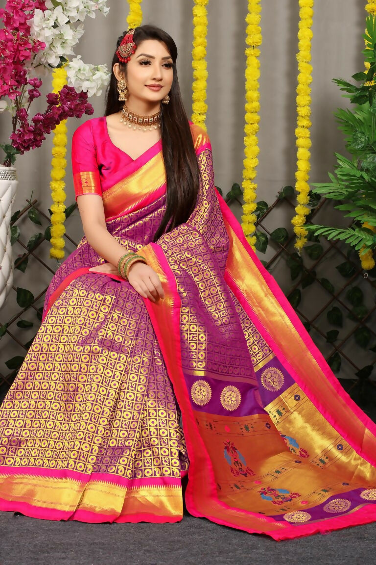 Jyoti Fashion Women's Purple Banarasi Silk Zari Woven Saree with Blouse