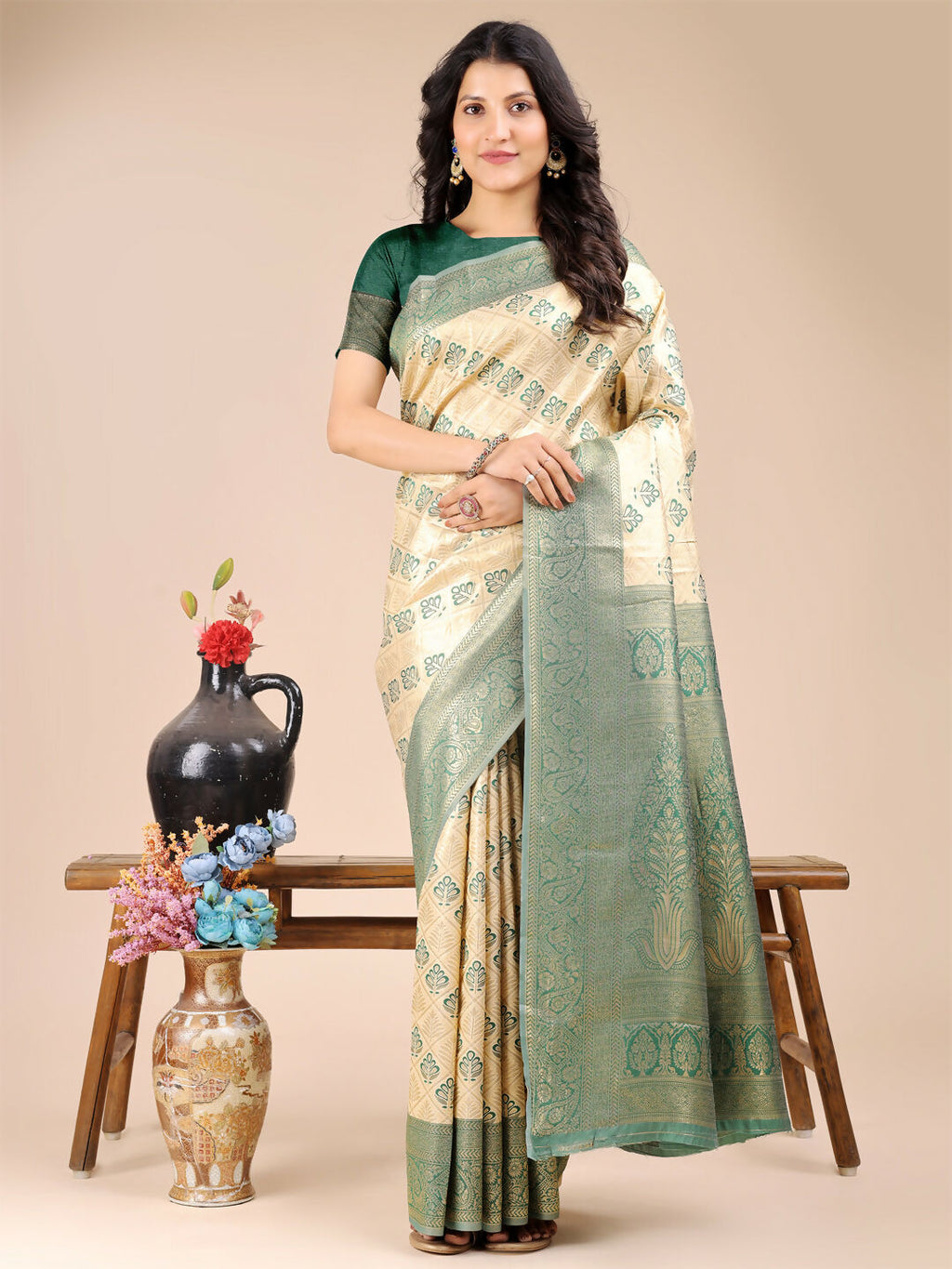 Shree Shyam Fashion Aura Silk Cream Green Banarasi Silk Saree