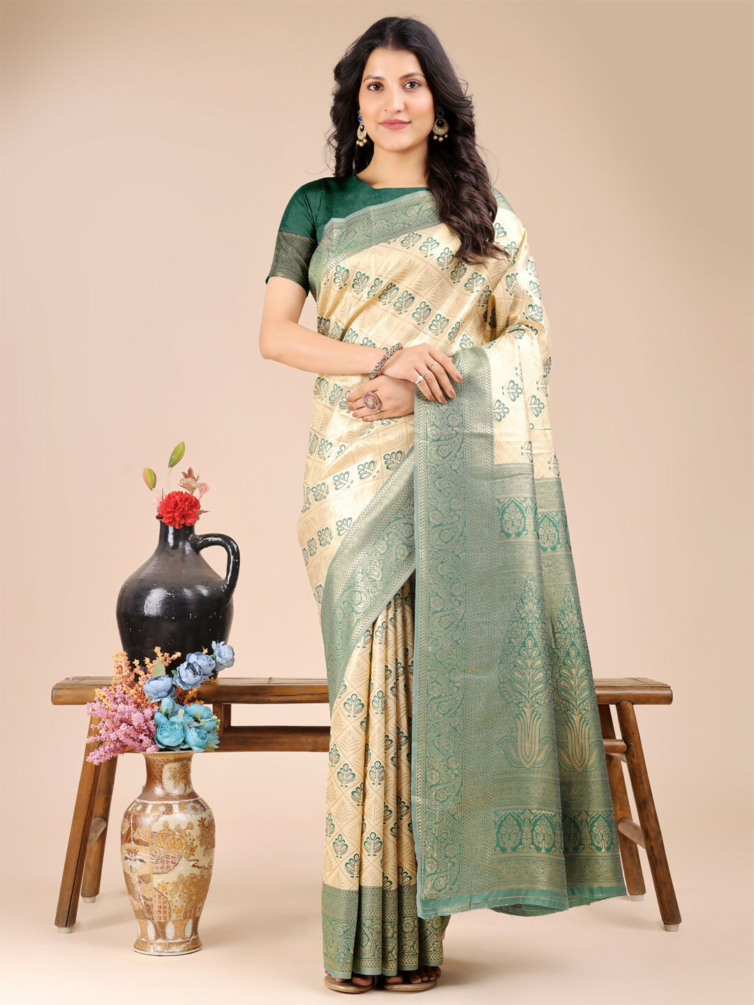 Shree Shyam Fashion Aura Silk Cream Green Banarasi Silk Saree