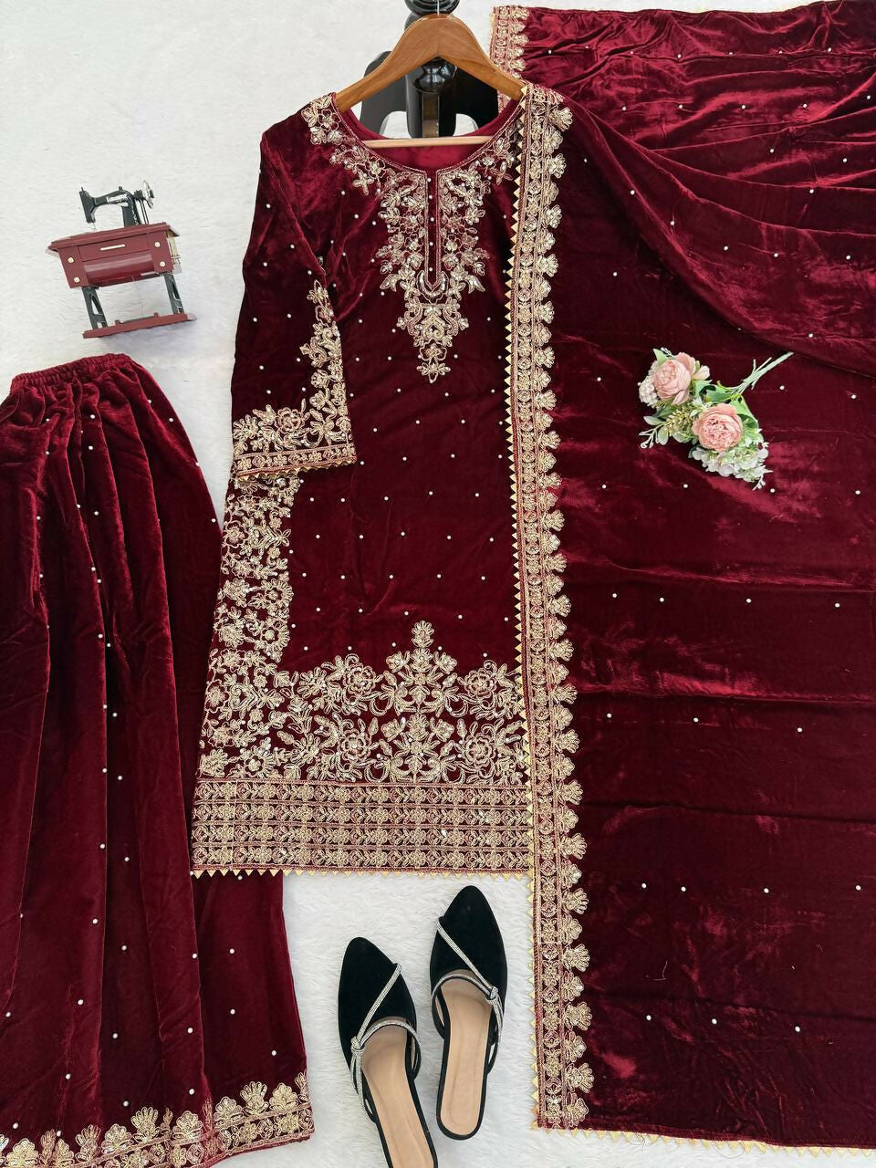 Vastranavya Maroon Viscose Velvet Cording Sequence With Moti Work Top-Bottom With Dupatta - Distacart
