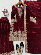 Vastranavya Maroon Viscose Velvet Cording Sequence With Moti Work Top-Bottom With Dupatta - Distacart