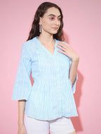 Myshka Women's Blue Printed V-Neck Top