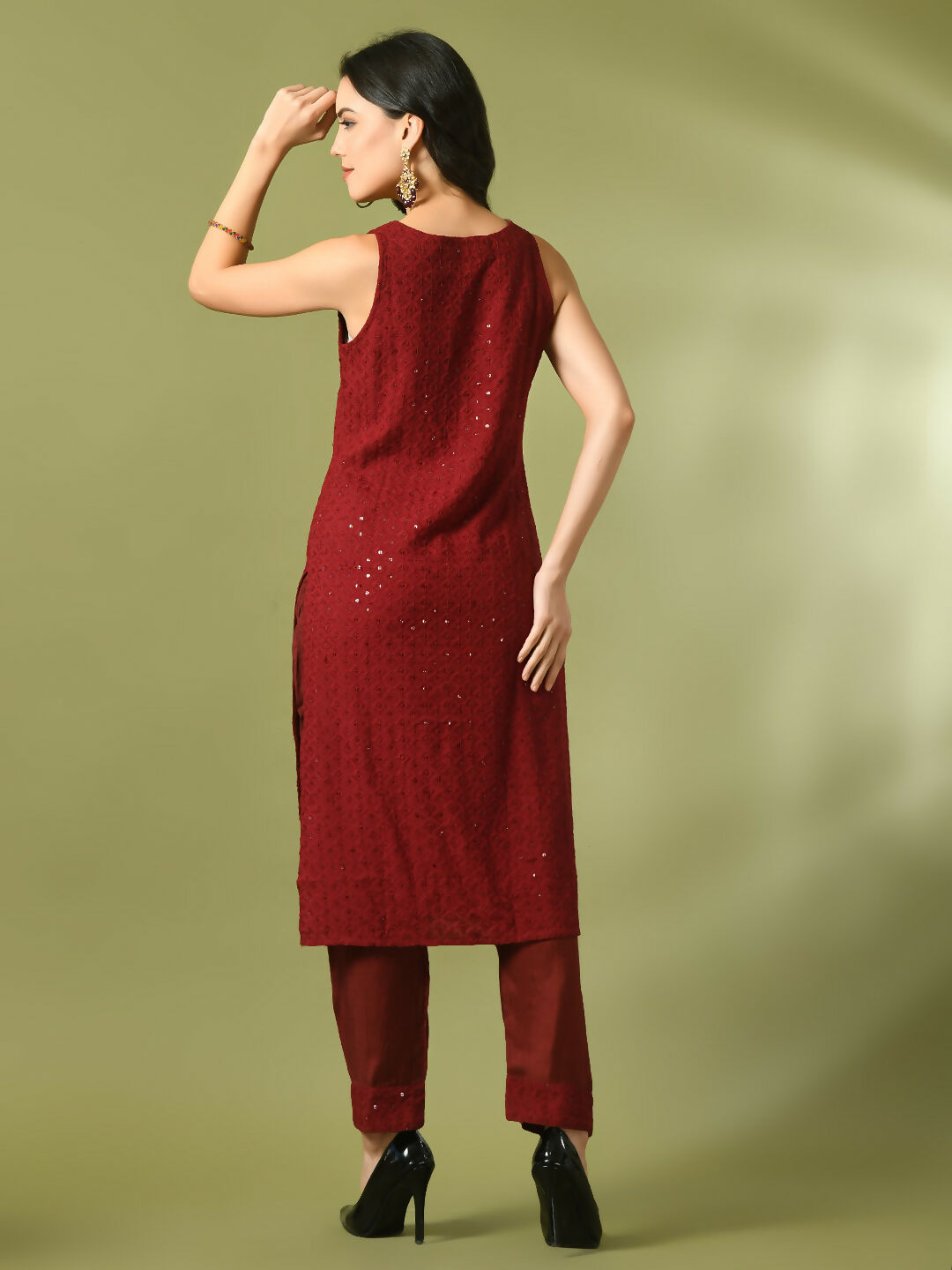 Myshka Women's Maroon Embroidered Cotton Straight Party Kurta Set