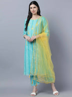 Myshka Women Turquoise Blue Layered Pure Cotton Kurti with Trousers With Dupatta Set - Distacart