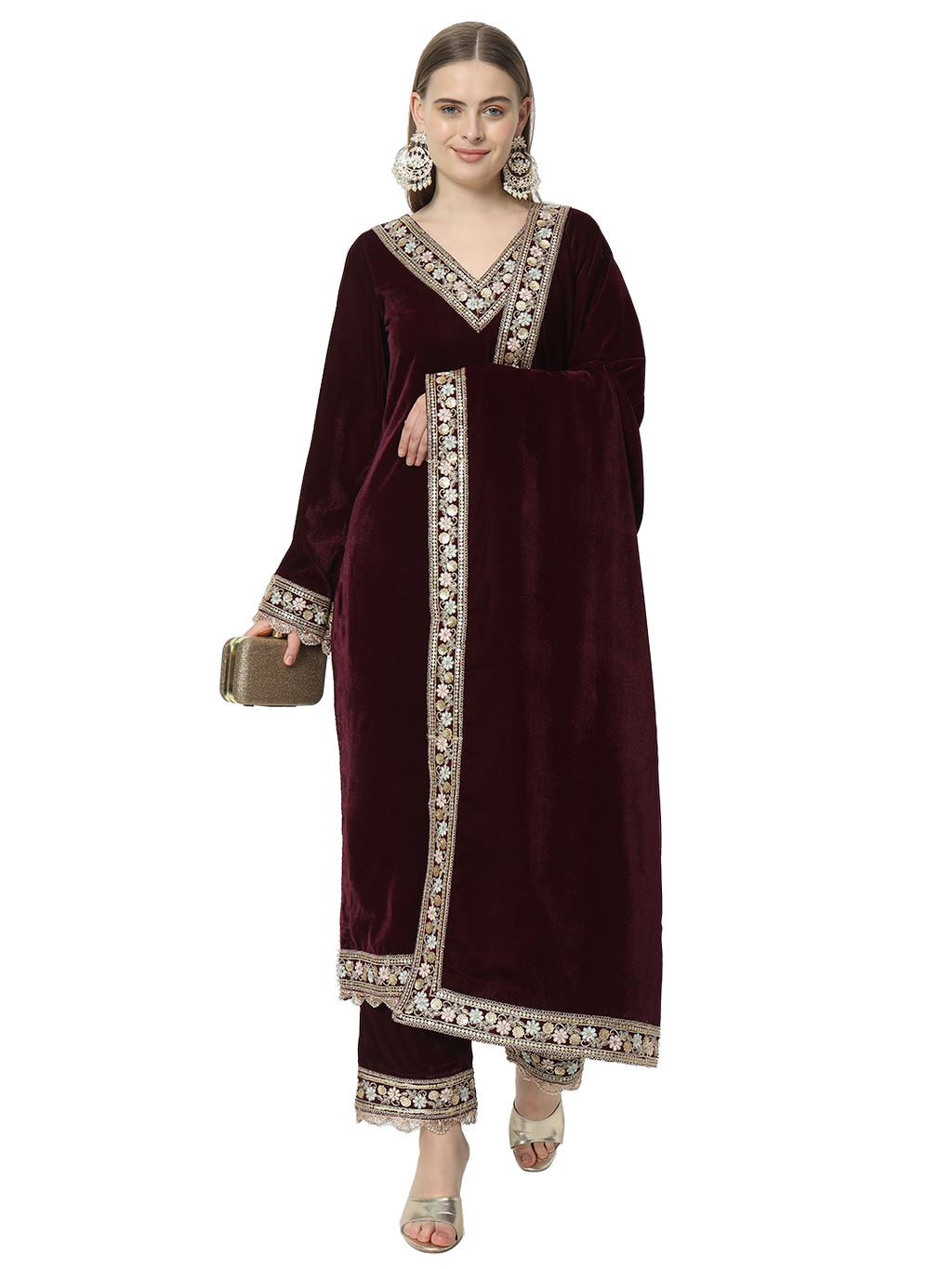 Fab Fashion Wine Velvet Side High Slit Suit Full Set