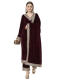 Fab Fashion Wine Velvet Side High Slit Suit Full Set