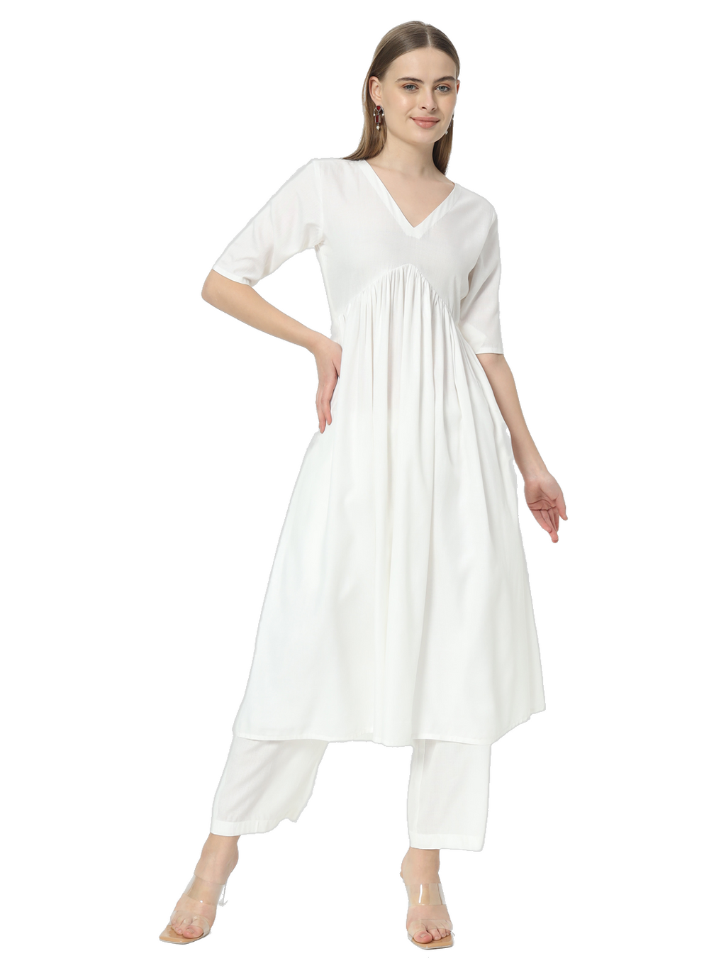 Fab Fashion Alia Cut White Pure Cotton V-Neck Top+Pant