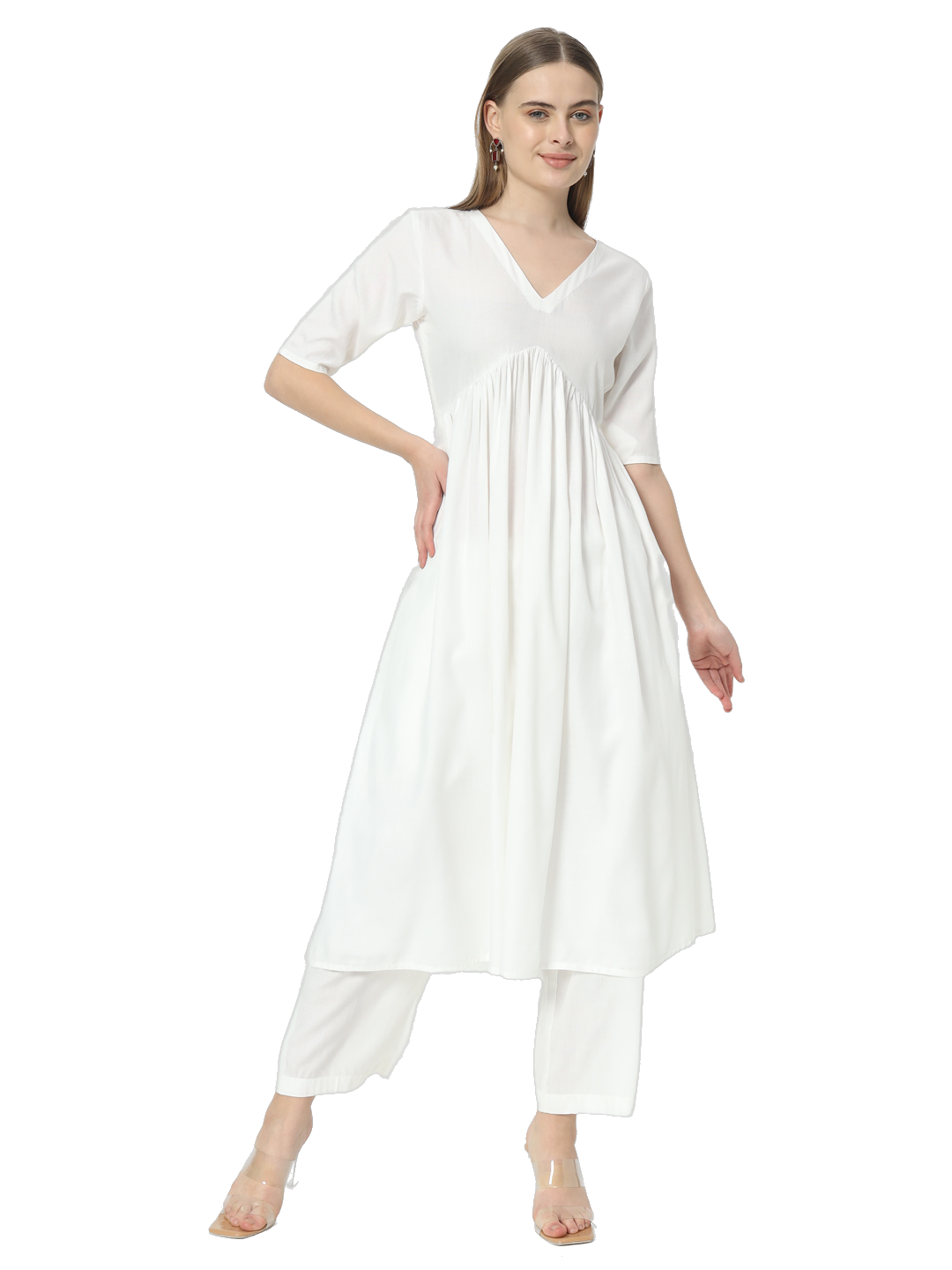 Fab Fashion Alia Cut White Pure Cotton V-Neck Top+Pant