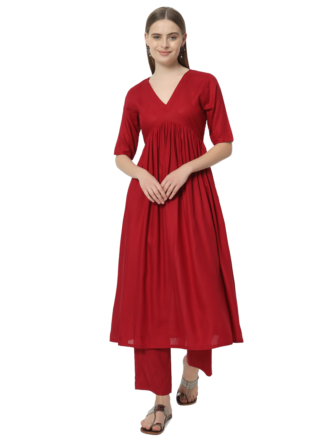 Fab Fashion Alia Cut Red Pure Cotton V Neck Top+Pant