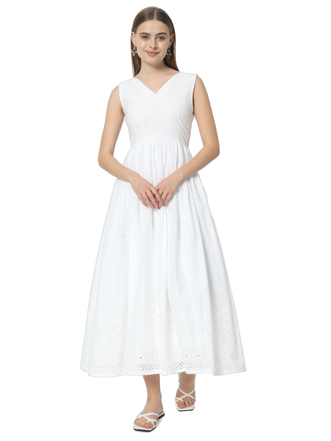 Fab Fashion White Chiken Kari V Neck Gadder Dress - Distacart