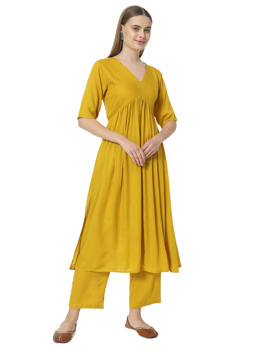 Fab Fashion Alia Cut Mustard Pure Cotton V Neck Top+Pant