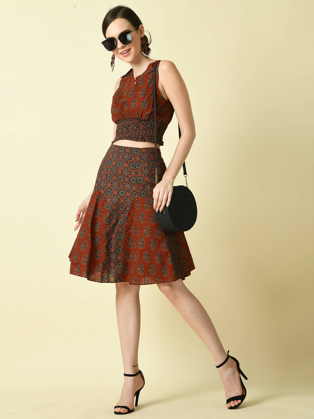 Myshka Women's Rust Round Neck Top With Skirt