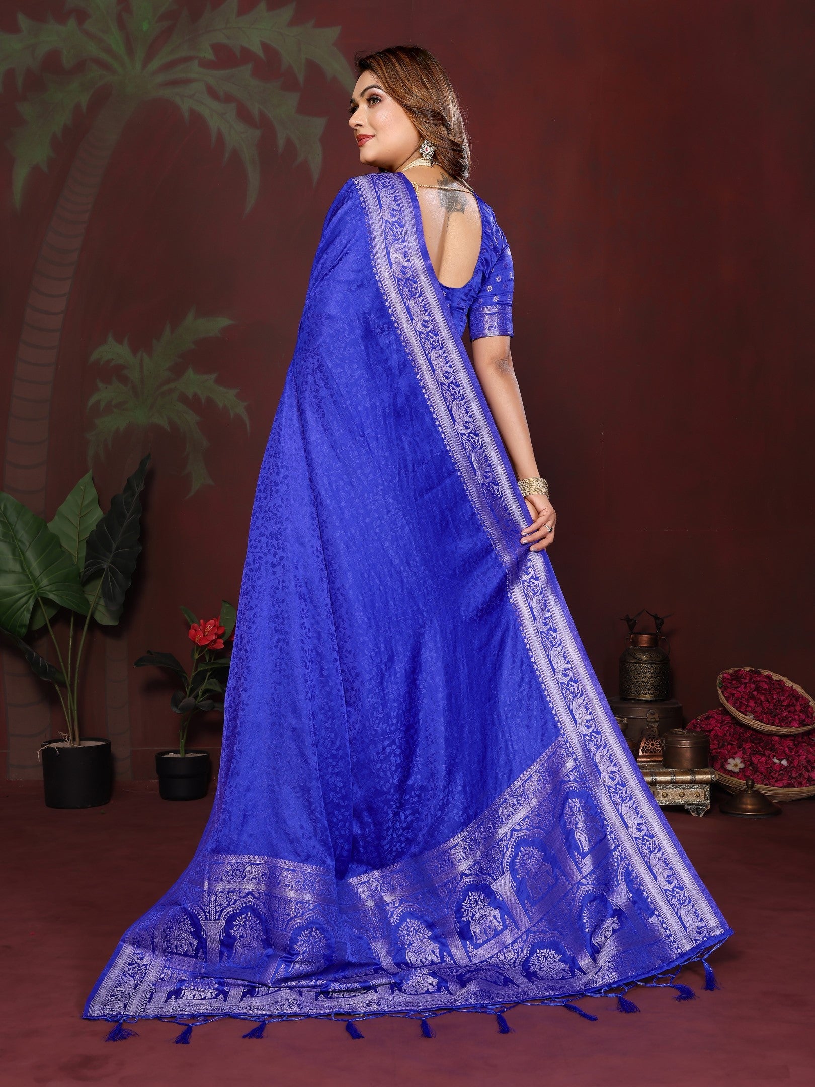 Anaita R Blue Zari Weaving Work Satin Silk Saree With Blouse - Distacart