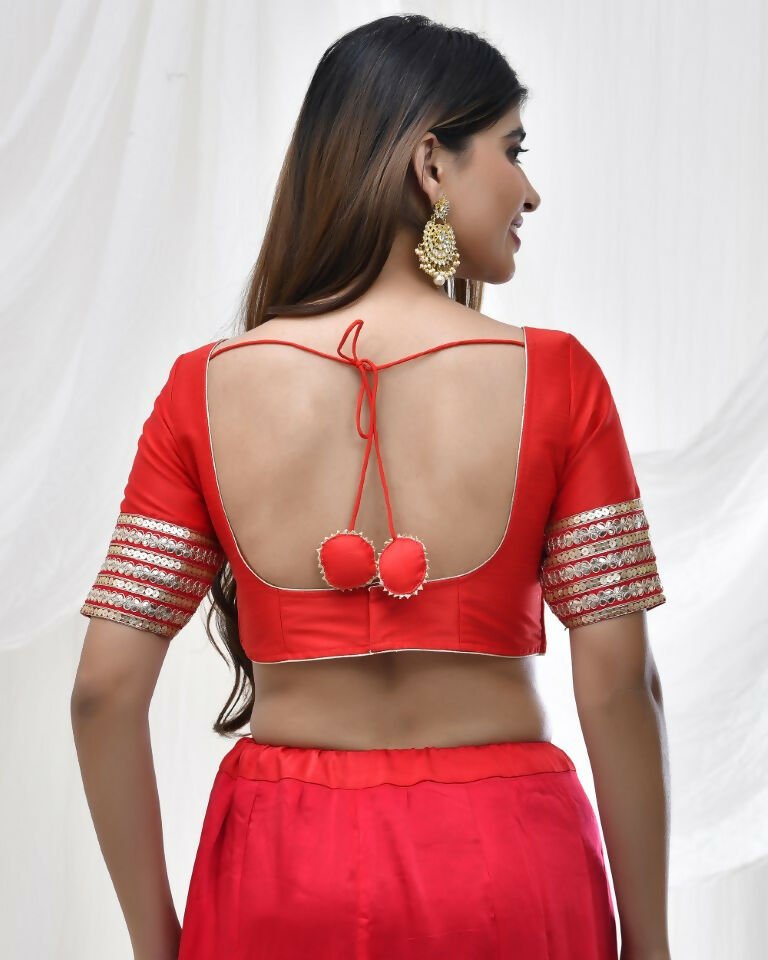Amodini Designer Studio Red Blouse with Embellished Thread Embroidery Sleeves