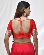Amodini Designer Studio Red Blouse with Embellished Thread Embroidery Sleeves