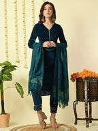 Myshka Women's Teal Velvet Kurta & Trousers With Dupatta Party Sets