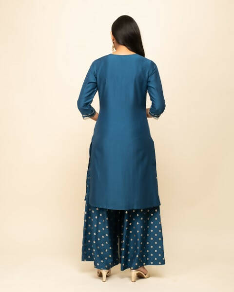FIORRA Women's Teal Blue Silk Blend Straight Kurta Palazzo Set With Dupatta