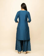 FIORRA Women's Teal Blue Silk Blend Straight Kurta Palazzo Set With Dupatta