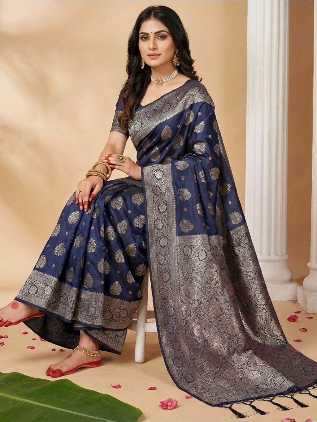 Shree Shyam Fashion Navy Blue Silk Blend Saree - Distacart