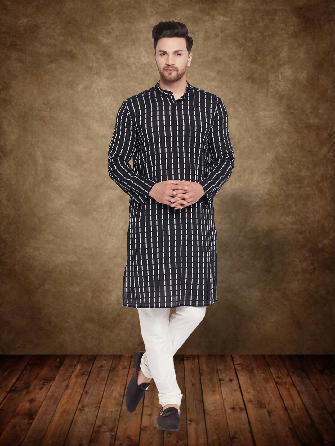 Even Apparels Men's Pure Cotton Black Check Kurta