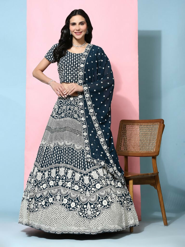 Blue Georgette Thread Embroidered Lehenga Choli with Dupatta - Tanya
