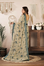 Joban Fashion Beige Floral Linen Ready To Wear Saree With Unstitched Blouse - Distacart