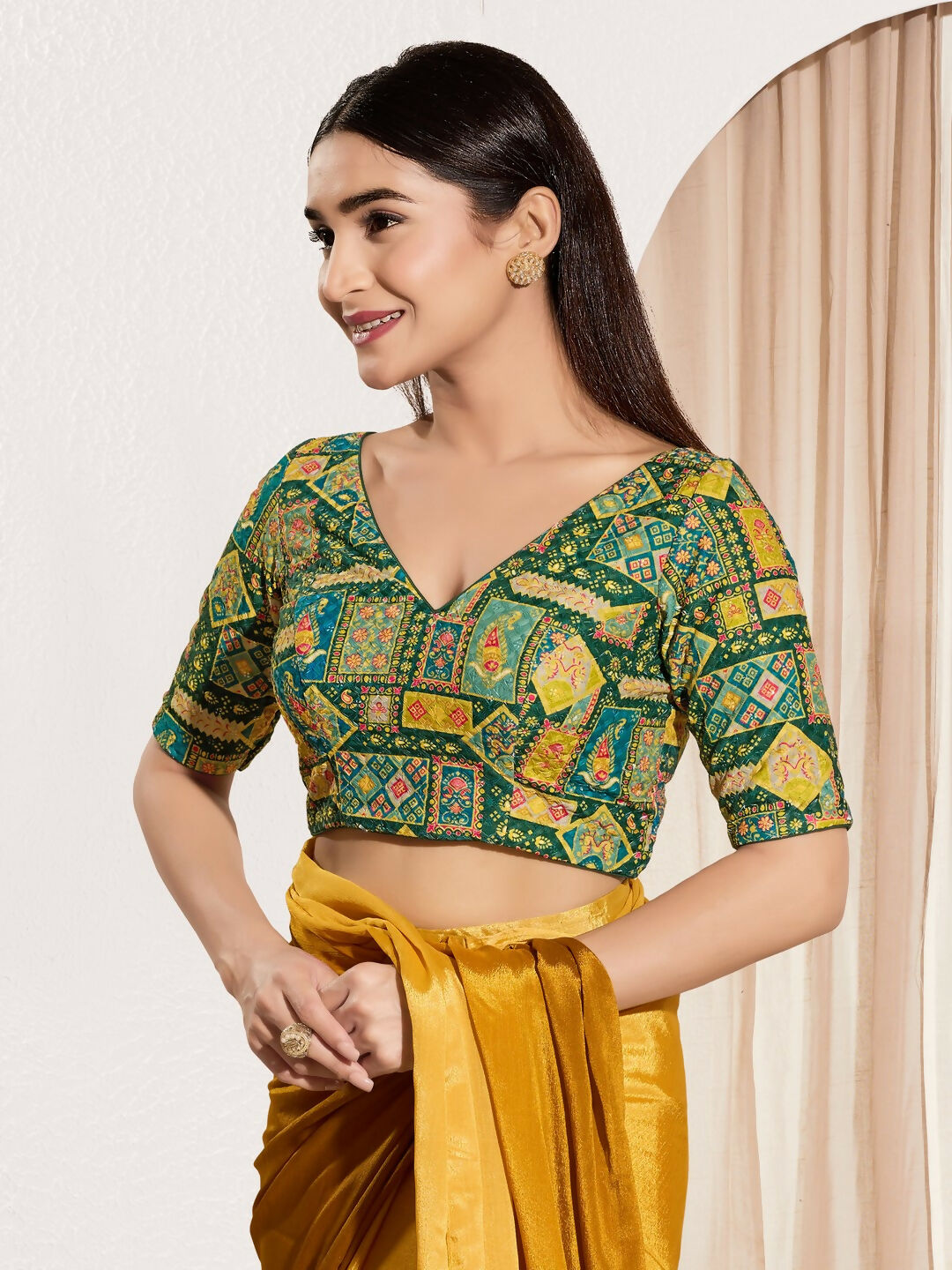 Joban Fashion Bottle Green Viscose Rayon Padded Blouse With V Neck Elbow Sleeves - Distacart