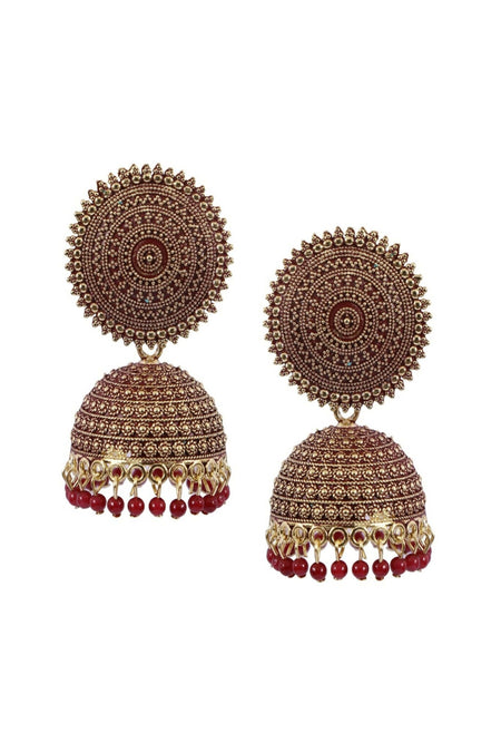 Mominos Fashion Joharkamal Gold-Polished Meenakari Jhumkas For Women & Girls (Maroon)