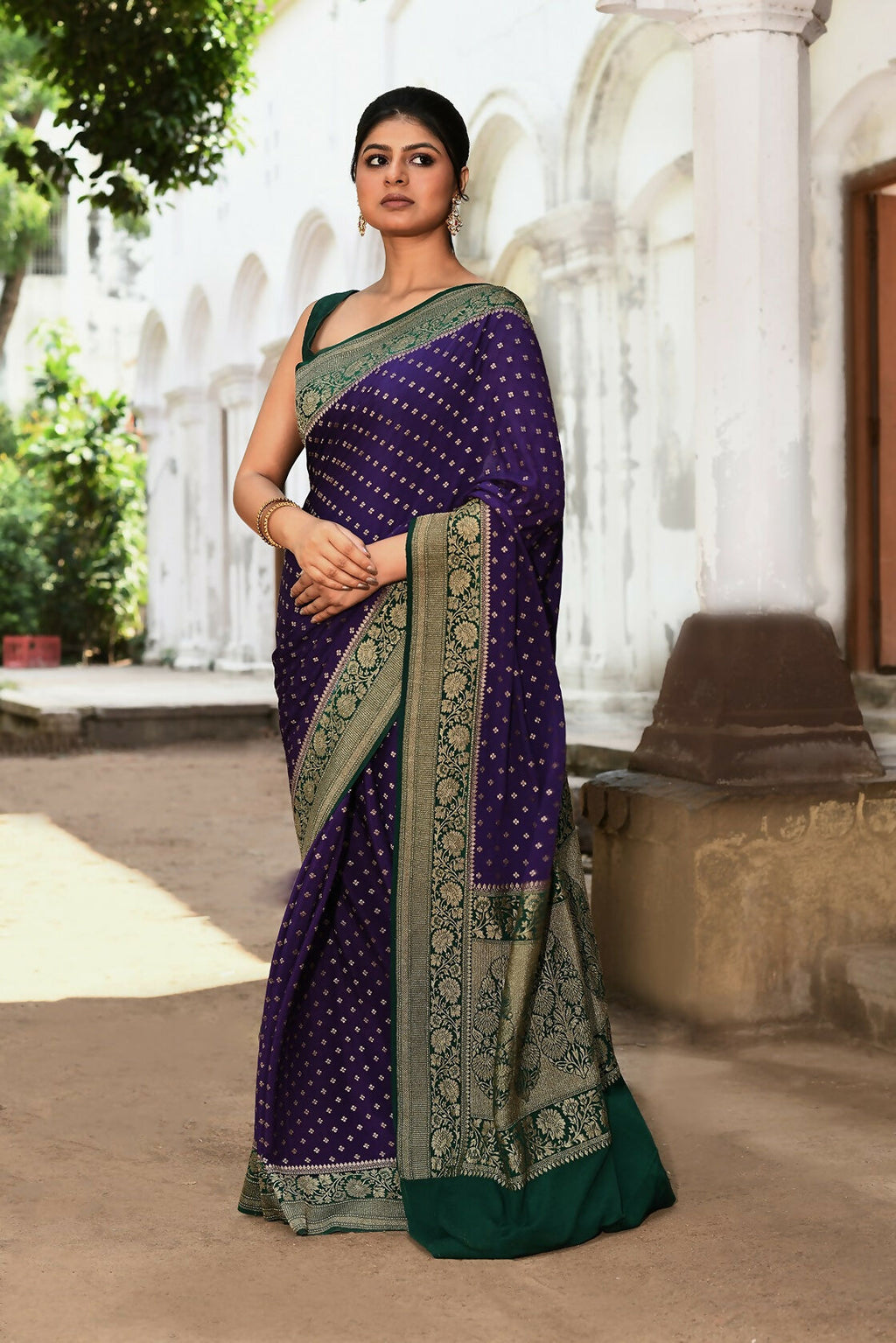 Joban Fashion Purple Crepe Chiffon Pure Handloom Banarasi Silk Saree