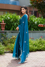Vastranavya Teal Embroidery Work Shimmer Chiffon Saree with Unstitched Blouse - Distacart
