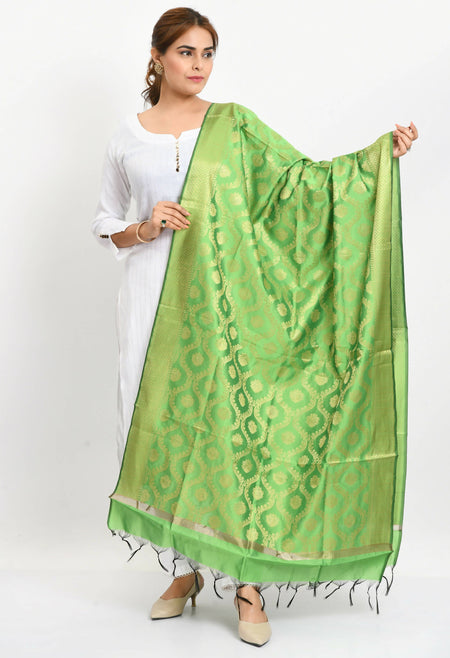 Mominos Fashion Moeza Women's Banarsi Silk All Over Woven Design Parrot Green Dupatta