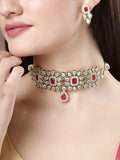 NVR Women's Red & Gold Kundan Studded Handcrafted Choker Jewellery Set