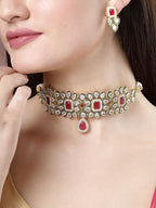 NVR Women's Red & Gold Kundan Studded Handcrafted Choker Jewellery Set