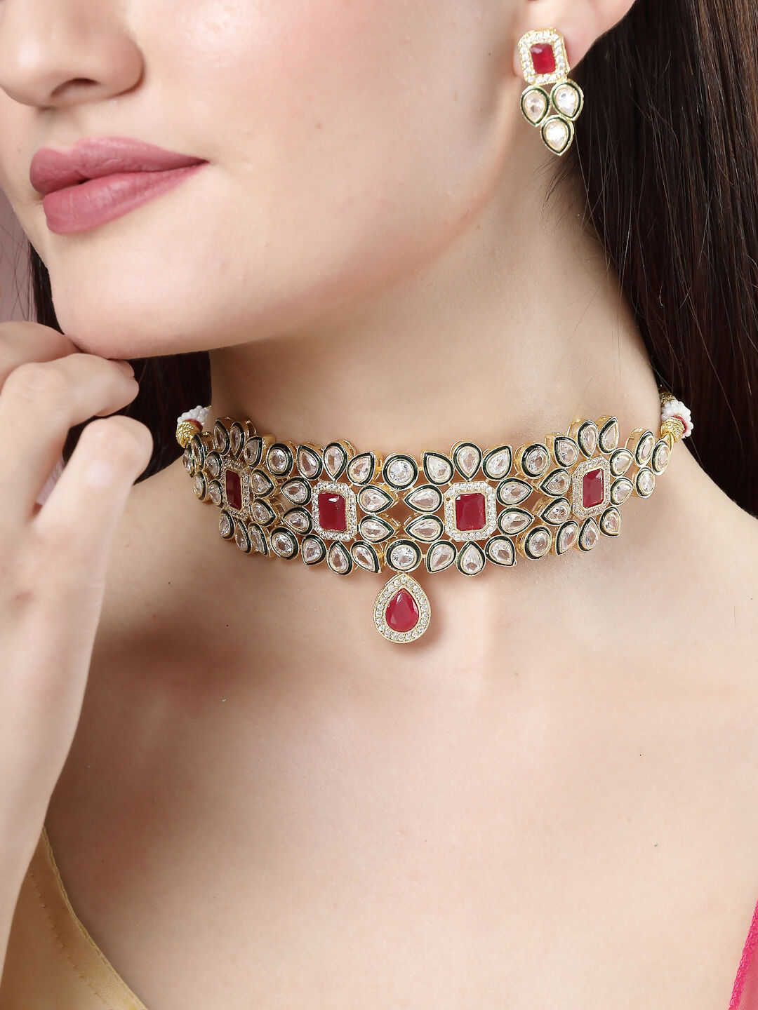 NVR Women's Red & Gold Kundan Studded Handcrafted Choker Jewellery Set