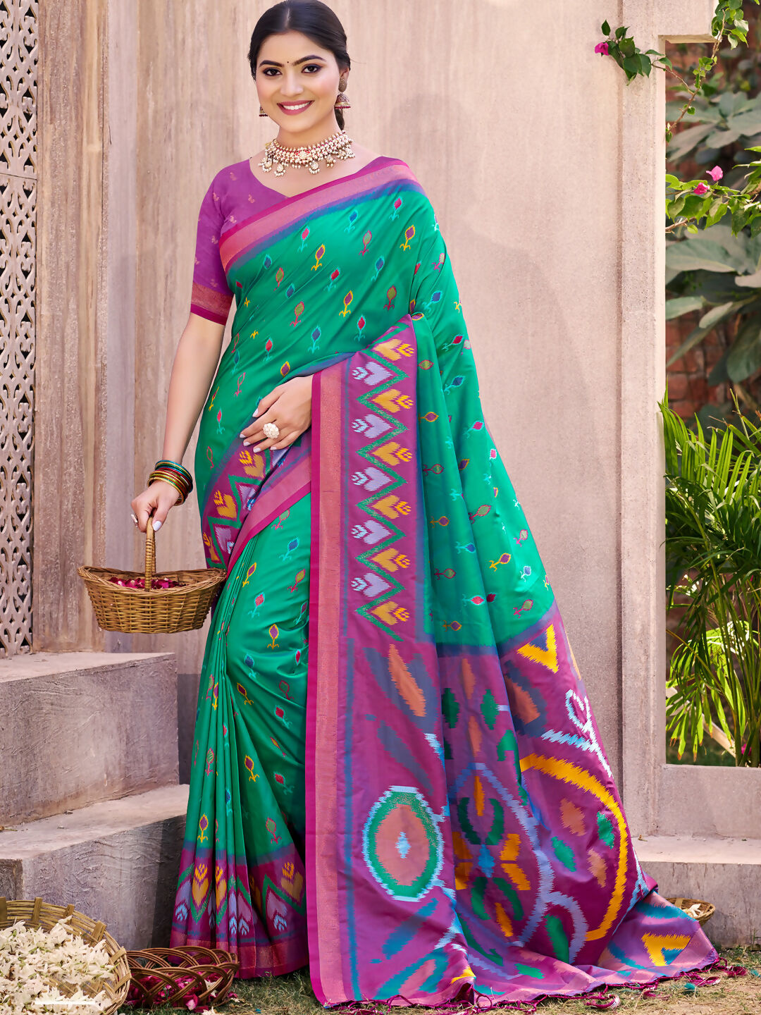 Shree Shyam Fashion Rama Green Pochampally Silk Saree - Distacart