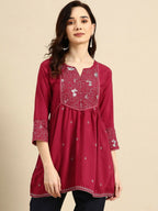 Women's Maroon Viscose blend Embroidered Short Top - Marina