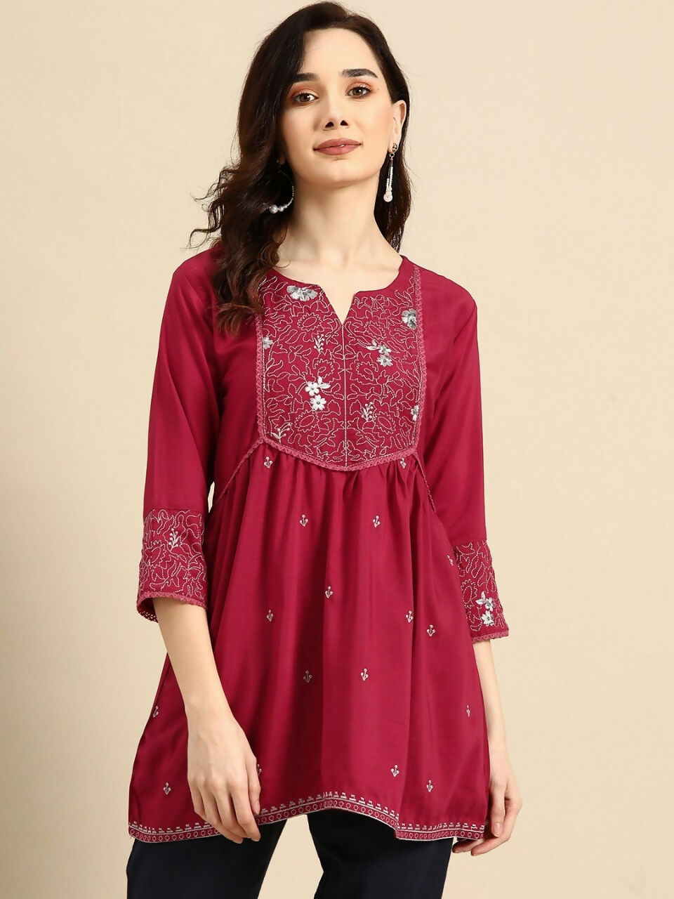 Women's Maroon Viscose blend Embroidered Short Top - Marina