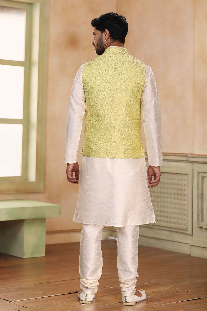 Raivat Ethnic Jacquard Banarasi Silk Woven Work 3 Pics Jacket Set In Lemon Colour - Distacart