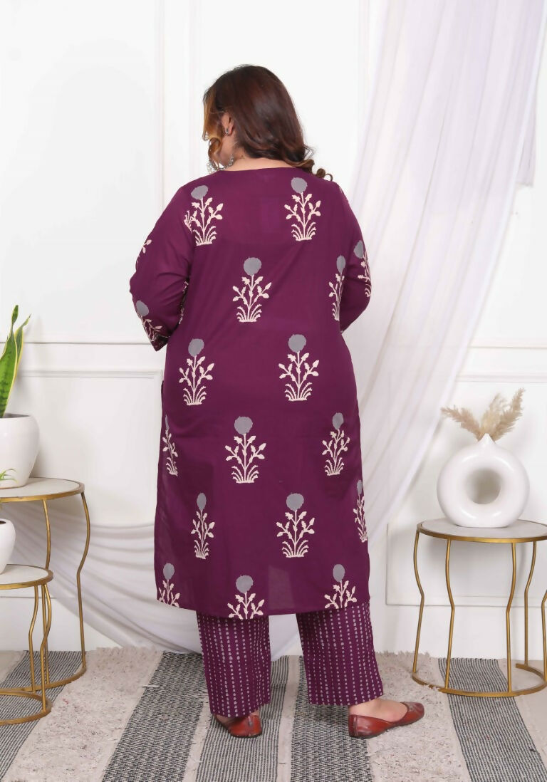 Miravan Women's Plus Size Cotton Fabric Purple Kurta With Palazzo