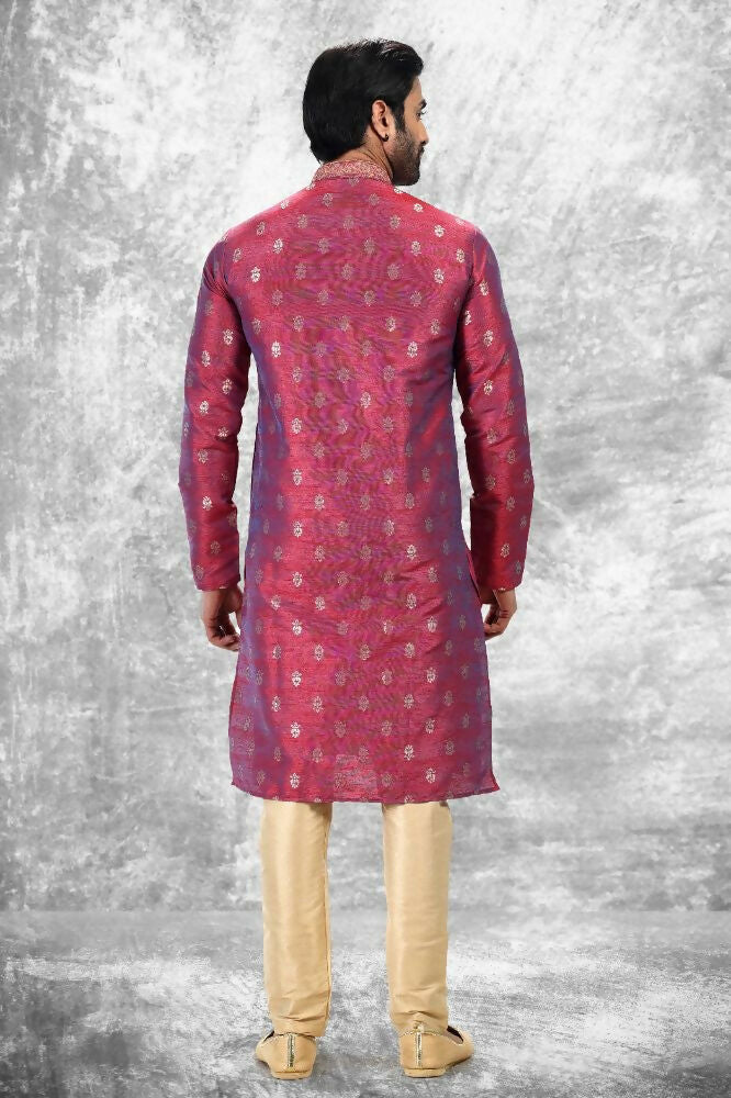 Raivat Ethnic Jacquard Silk Brocade Thread Work Kurta Pajama In Magenta Pink Colour