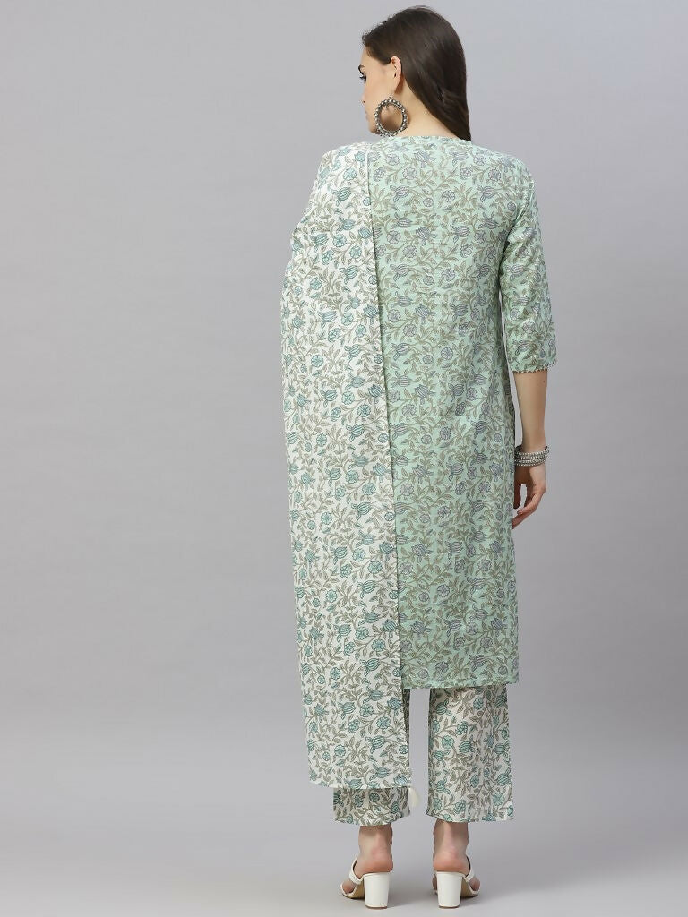 Miravan Women's Floral Printed Angrakha Pure Cotton Kurta With Palazzo & Dupatta Set