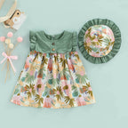 Bold N Elegant Cotton Floral Printed Ruffle Sleeve Princess Dress Frock With Fabric Hat Cap - Green