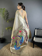 Joban Fashion Beige Peacock & Floral Motifs Tissue Paithani Saree