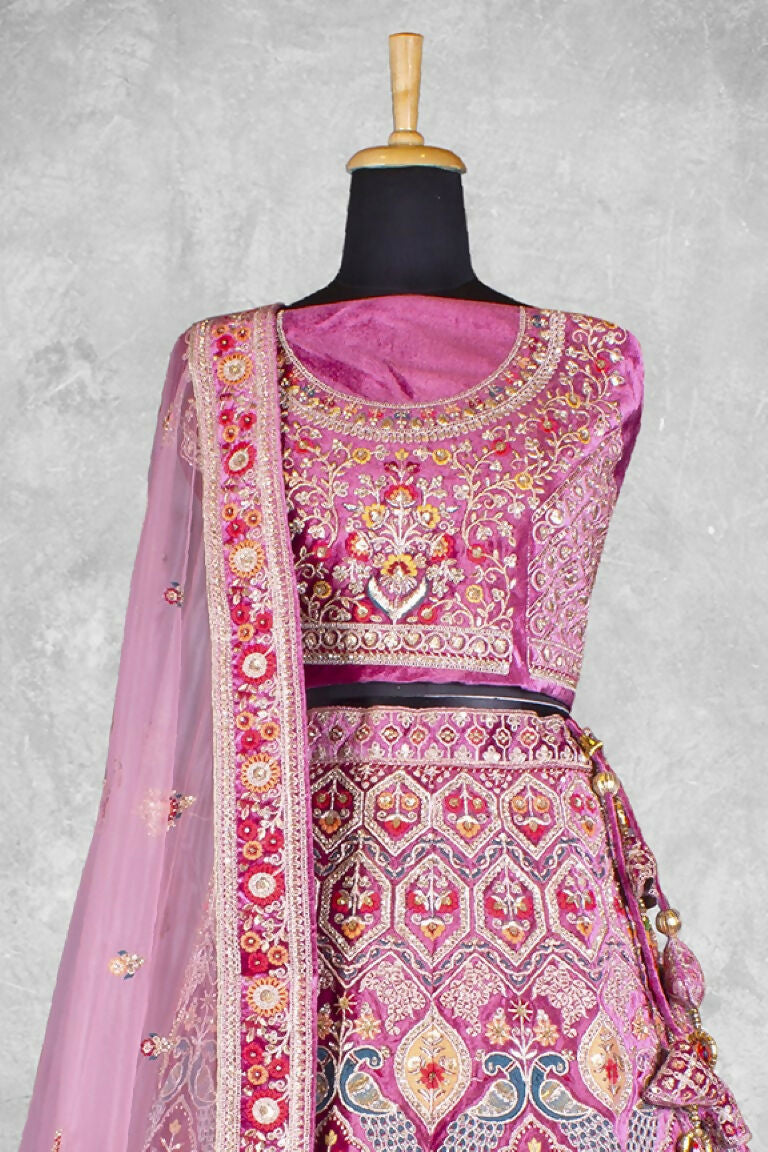 Light Pink Velvet Hand Work Semi Stitched Lehenga Choli with Dupatta - Nimaya Lagnotsav