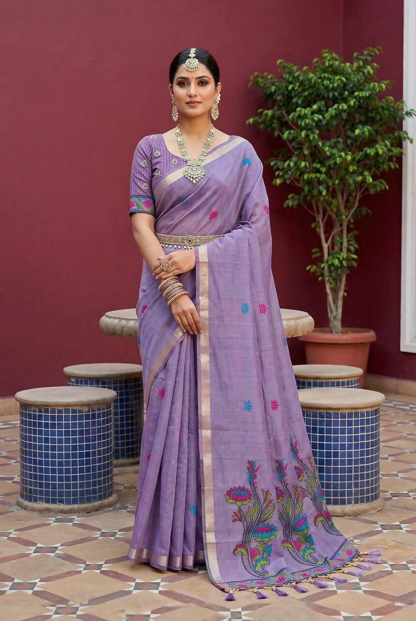 Vastranavya Lavender Muga Cotton Meenakari & Azarakh Pallu Saree with Contrast Blouse - Distacart