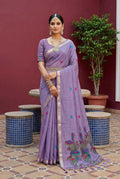 Vastranavya Lavender Muga Cotton Meenakari & Azarakh Pallu Saree with Contrast Blouse - Distacart